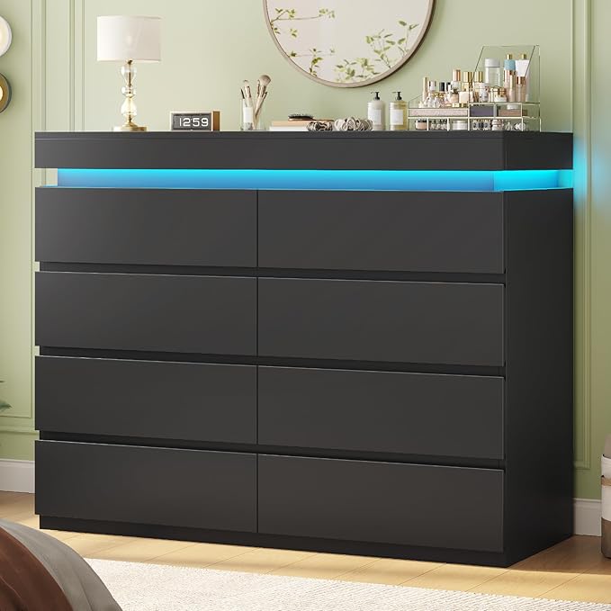 HAUOMS 8 Drawer Dresser with LED Light, Black Modern Chest of Drawers for Bedroom,Closet Dressers with Drawers for Living Room, Entryway, Hallway