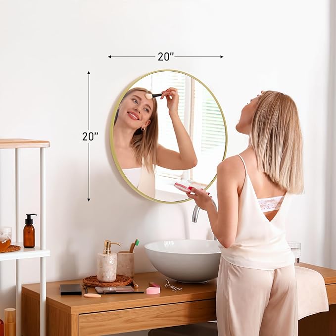 Sweetcrispy 20-inch Gold Round Wall Mirror, Circle Bathroom Mirrors with Metal Frame, Wall-Mounted Mirrors for Living Room, Bathroom, Entryway