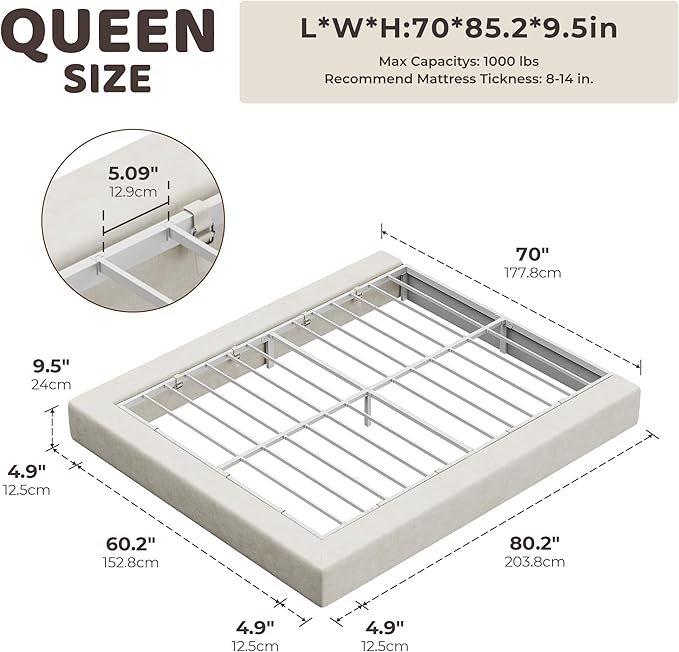 RECCI AirFrame Queen Bed Frame, Cloud Upholstered Platform Bed Frame, 5 Inch Fully Boxy Foam Cushioned, Square Shape Base, No Box Spring Needed, Easy Assembly | Beige Chenille, Soft Low-Profile