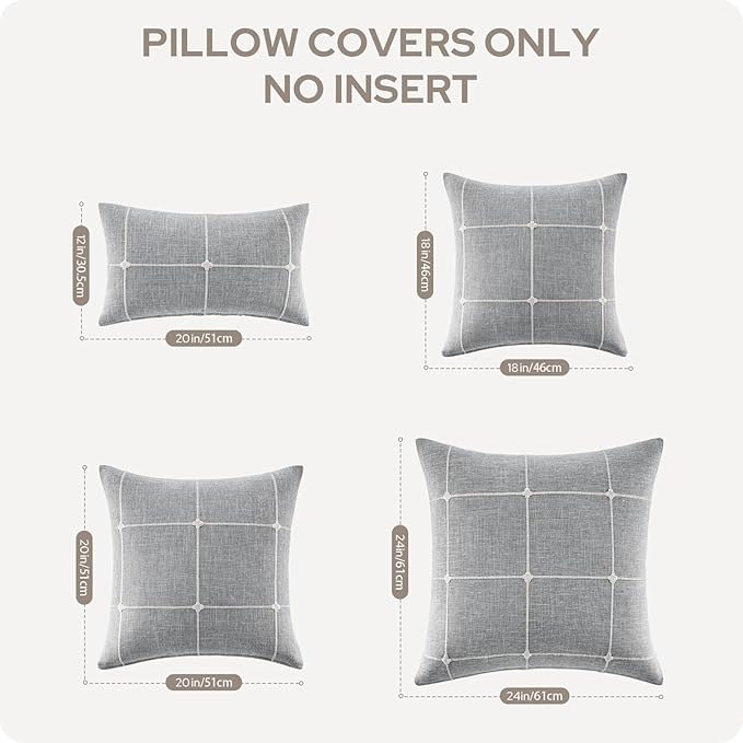 HOMEIDEAS Decorative Plaid Throw Pillow Covers 20x12 Set of 2, Grey Farmhouse Pillow Covers, Neutral Faux Linen Cushion Covers for Couch Sofa Bed Home Decor