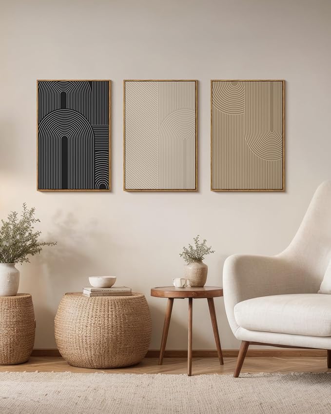 Modern Geometric Line Wall Art Set of 3 Neutral Abstract Canvas Prints, Large 16x24 3 Piece Black Beige Taupe Contemporary Home Artwork, Minimalist Mid Century Living Room Bedroom Office Decor