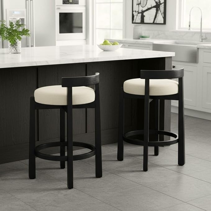 LukeAlon Mid Century Linen Counter Stools Set of 4, Upholstered 26.5” Seat Height Low Barstools with Black Wood Legs Round Low Back Kitchen Stools with Footrest for Dining Room Restaurant, Beige