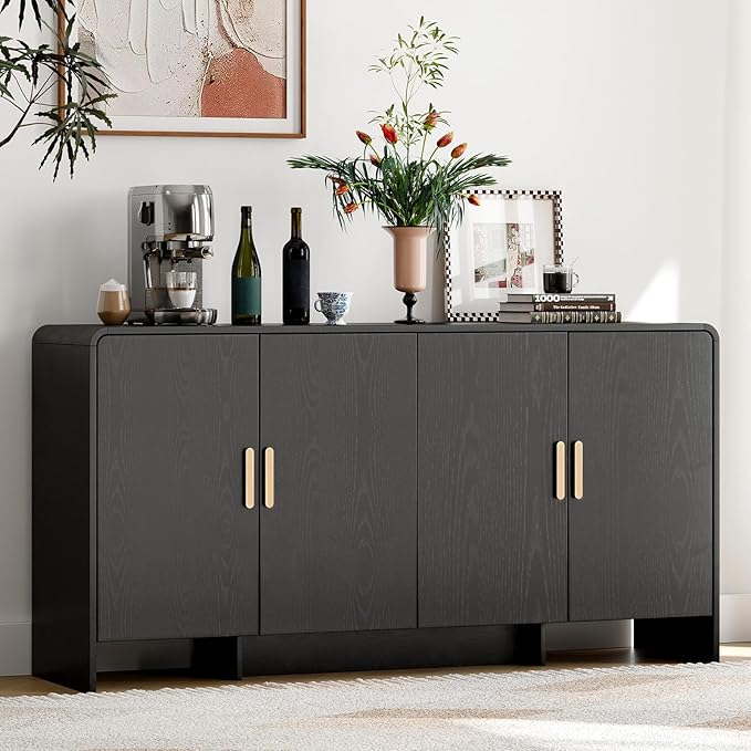 ONBRILL 60" Sideboard Buffet Cabinet with Storage, Curved Design Farmhouse Modern Coffee Bar Cabinet with 4 Doors & Adjustable Shelves for Living Room, Kitchen, Hallway, Black