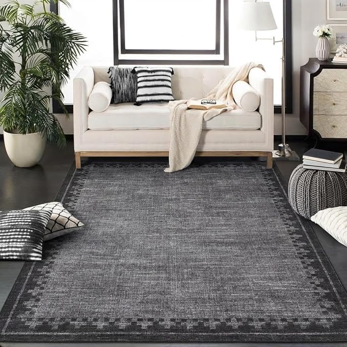 GarveeHome Neutral Area Rug 4x6 Geometric Bordered Washable Living Room Bedroom Grey Carpet Non Slip Stain Resistant Low Pile Indoor Rugs for Home Office Dining Room Kitchen, Grey