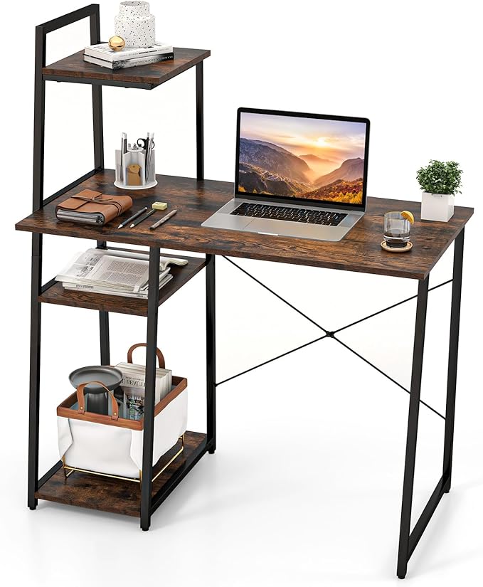 Tangkula Computer Desk with Shelves, Space Saving Home Office Desk with 3-Tier Ladder Shaped Storage Bookshelf, Modern Writing Study Desk with Metal Frame, Compact Computer Workstation (Rustic Brown)