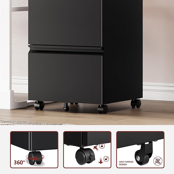 RAVIGIN 2 Drawer File Cabinet，Mobile Filing Cabinet with Lock and Wheels，Un-Assembled Metal Under Desk File Cabinets for A4/Letter/Legal Size（Black