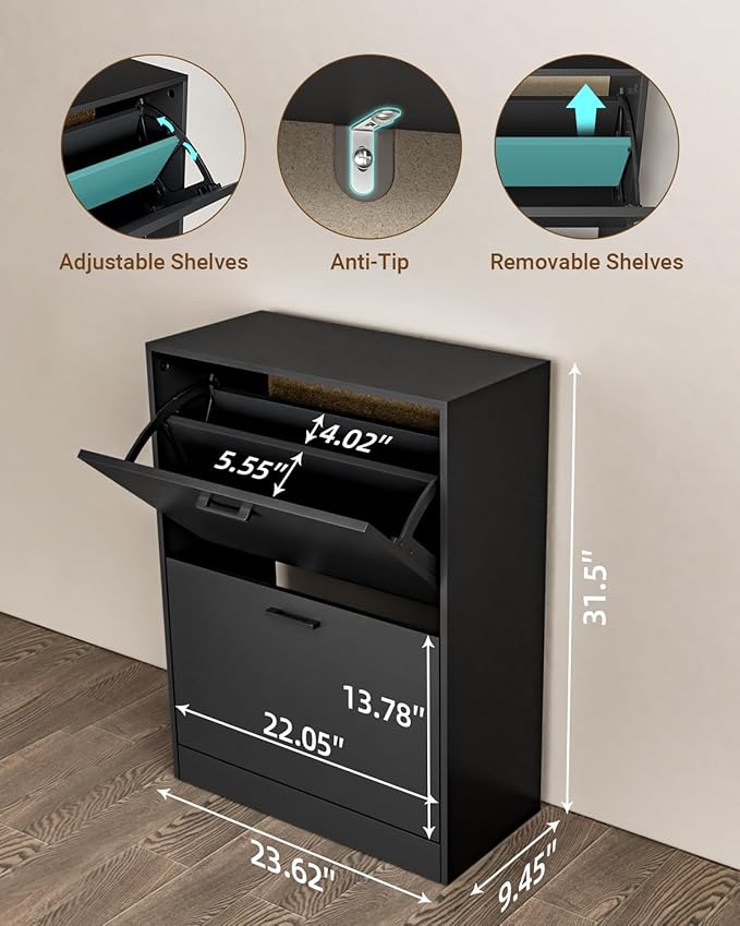 Shoe Cabinet with 2 Flip Drawers, Narrow Freestanding Shoe Organizer for Entryway, Hallway, Living Room, Black