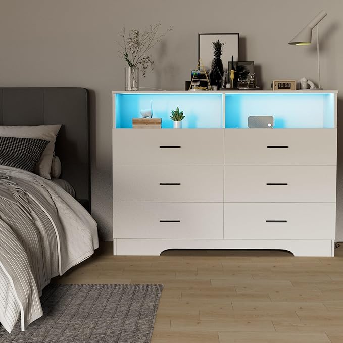 FJTJBSI Dresser with Power Outlets and LED Lights Wooden 6 Drawer Dresser with Large Organizer Tall White Drawer for Bedroom Modern Chest of Drawers Closet for Living Room Kids Room