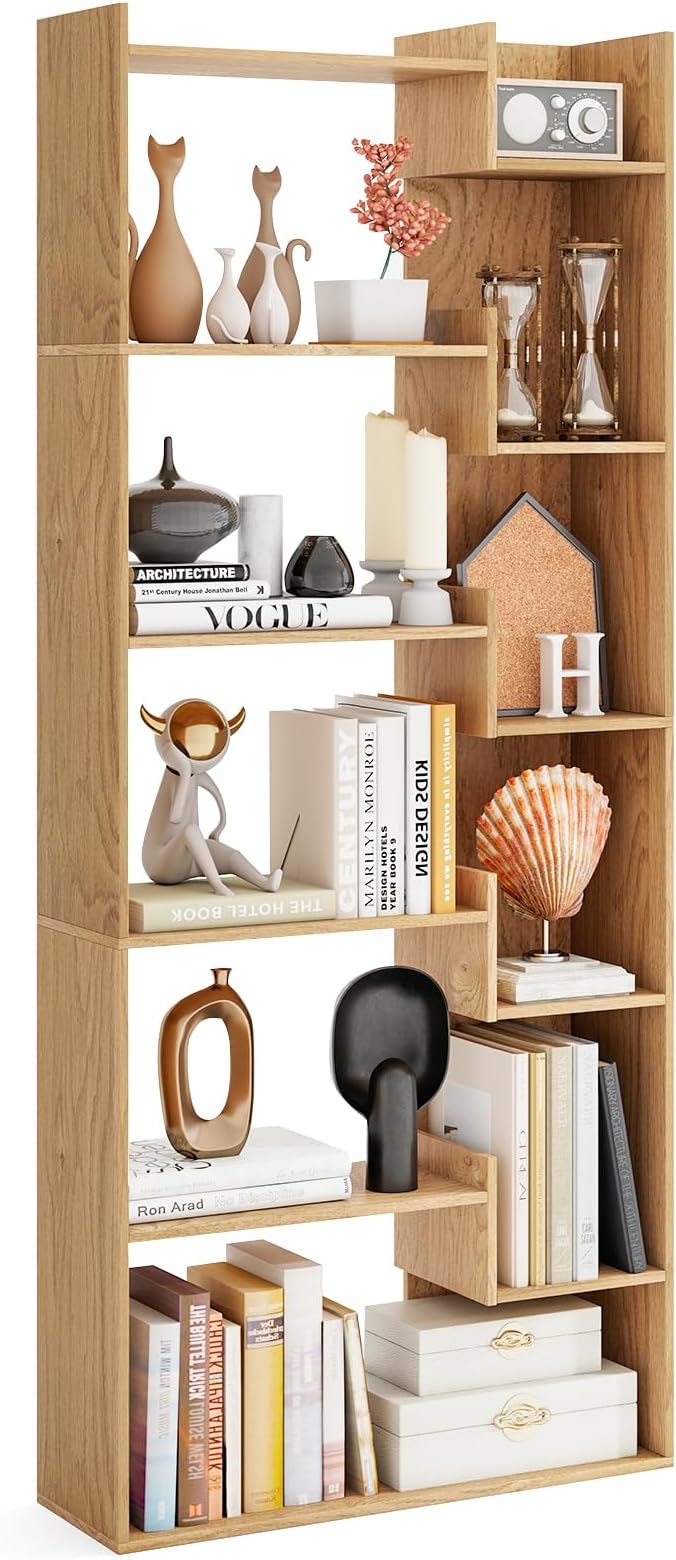 Tangkula 6-Tier Bookshelf, 64”H Tall Open Bookcase with Anti-Tip Kits, Home Office Free-Standing Wood Room Divider Display Book Shelf, Modern 11-Shelf Storage Rack for Study, Living Room (2, Natural)