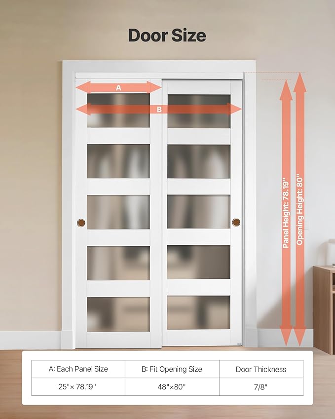 VEVOR Sliding Closet Door, 48" (Double 25") x 80", 5-Lite Frosted Glass with Hardware Kit & Floor Guide, Solid Wood & MDF Slab with Waterproof PVC Surface, Pre-Drilled Doors Panel, Need to Assemble