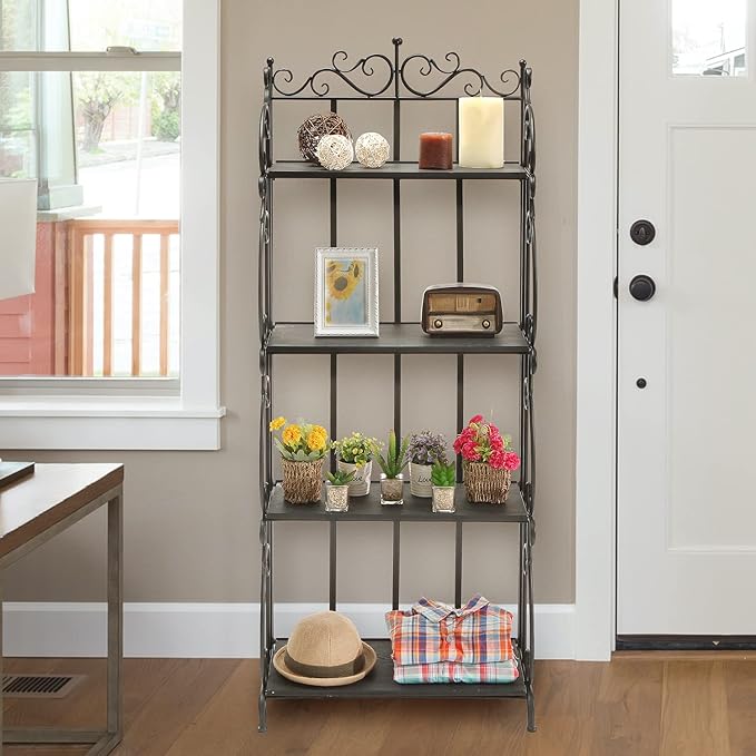 MyGift Black Metal Freestanding Shelf Rack, Decorative Bakers Rack Bookshelf Storage Shelf Unit with Metal Scrollwork Frame, Indoor Plant Pot Display Stand with 4 Wood Shelves