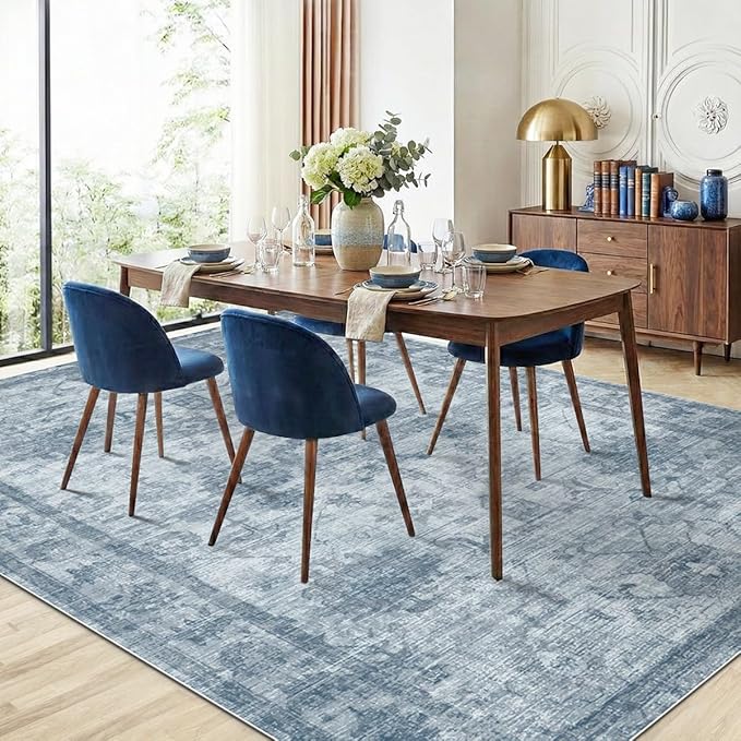 Homemate Washable Rug 8x10 Area Rugs - Vintage Faux Wool Rugs for Living Room Bedroom Dining Room - Non Slip Foldable Carpet Indoor Area Rug for Home Decor（8'x10', Blue