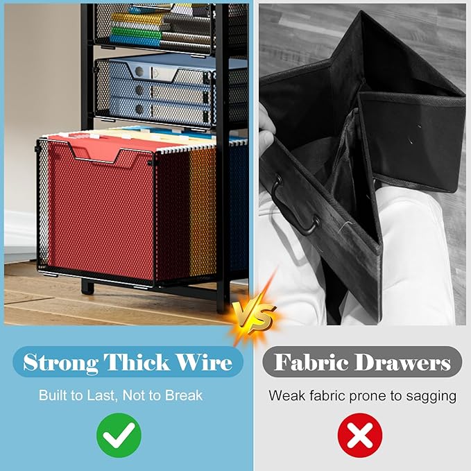 Sbanmao 3-Drawer File Cabinet with 3 Shelves, 61" Tall Vertical Filing Cabinet for Home Office, Metal Mesh Drawers with Small Printer Stand, Fit for Letter Files, Black