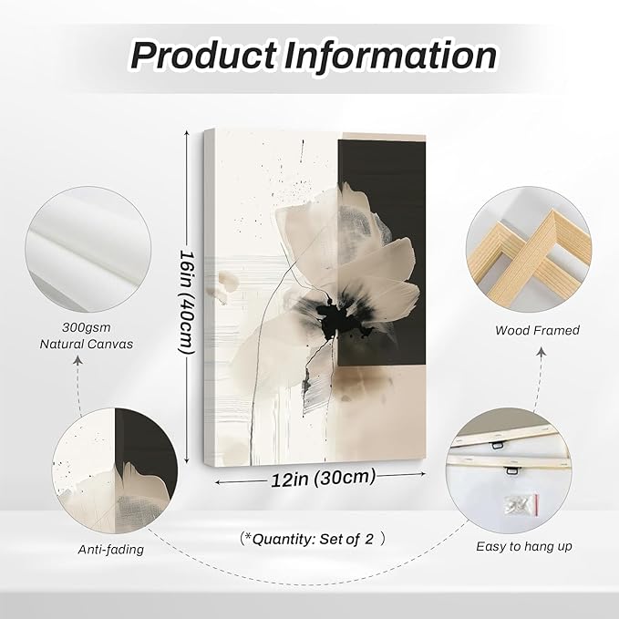 Modern Abstract Floral Wall Art Minimalist Neutral Canvas Painting Decor Beige Cream And Black Wall Art Contemporary Flower Picture Prints for Living Room Bedroom 12x16 Inch Wrapped Canvas Set of 2