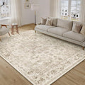 7x10 Washable Neutral Area Rug Beige Vintage Living Room Bedroom Carpet Non-Slip Soft Low Pile Farmhouse Indoor Throw Rug for Dining Room Entryway Office