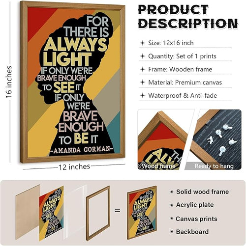 Amanda Gorman Poster Canvas Prints Poem Amanda Gorman Wall Art the Hill We Climb Poem Poster Inaugural Painting There Is Always Light Art Black History Month Wall Art Decor 12x16 Inch Wood Framed