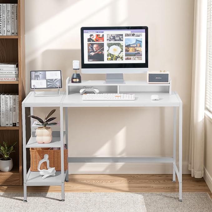 MINOSYS 47-inch Computer Desk with Storage Shelf - Ideal Gaming Desk for Bedrooms, Small Spaces, and Home Offices Modern Writing Desk for PCs,White Table.