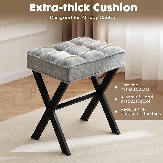 Modern Square Foot Stool Ottoman, Upholstered Vanity Chair with Metal X-Legs & Soft Linen Fabric - Versatile Seat and Footrest for Makeup, Living Room, Bedroom & Entryway (X-LightGray)