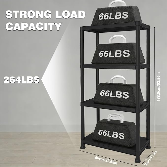 Plastic Storage Shelves, 12" D x 24" W x 52.56" H Plastic Shelves for Storage, 4-Tier Shelving Unit, Storage Rack, 264 lbs, Bathroom, Laundry, Garage & Home