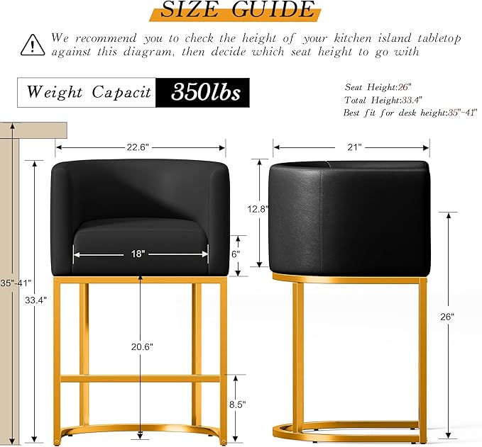 Modern Counter Height Bar Stools,Bar Stools Set of 4,PU Leather Upholstered Barrel Barstools with Backs,26'' Kitchen Island Chairs,Metal Gold Frames,Black Leather