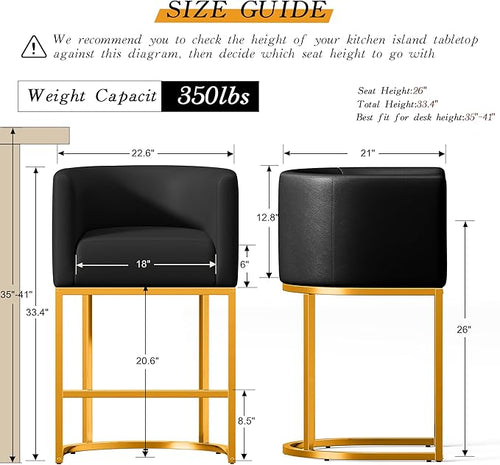 26" Modern Counter Height Bar Stools,PU Leather Upholstered Barrel Barstools with Backs,Island Chairs Bar Stools Set of 1,Metal Gold Frames,Black Leather