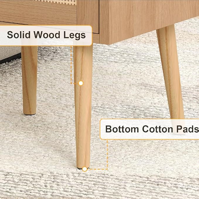 MECHYIN Nightstand with Charging Station & Rattan Decor Drawer, Boho Bedside End Table with Solid Wood Feet, Bed Side Table with Open Storage for Apartment Bedroom Living Room Dorm - Natural