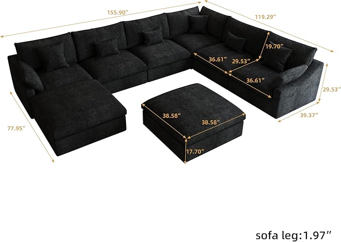 Modular Sectional Sofa Cloud Couch, Oversized 8 Seater Couch with Ottomans, Extra Large V Shaped Sofas Deep Seat Couches for Living Room, Sofa Covers Washable&Removable, Black