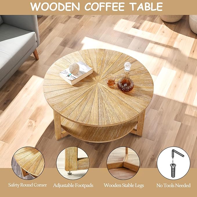 Round Coffee Table, 35" Circle Wood Coffee Table with Storage Shelf, 2 Tier Center Table for Living Room Apartment Home Furniture, Easy Assembly (Light Brown,35" Dx35 Wx18 H)