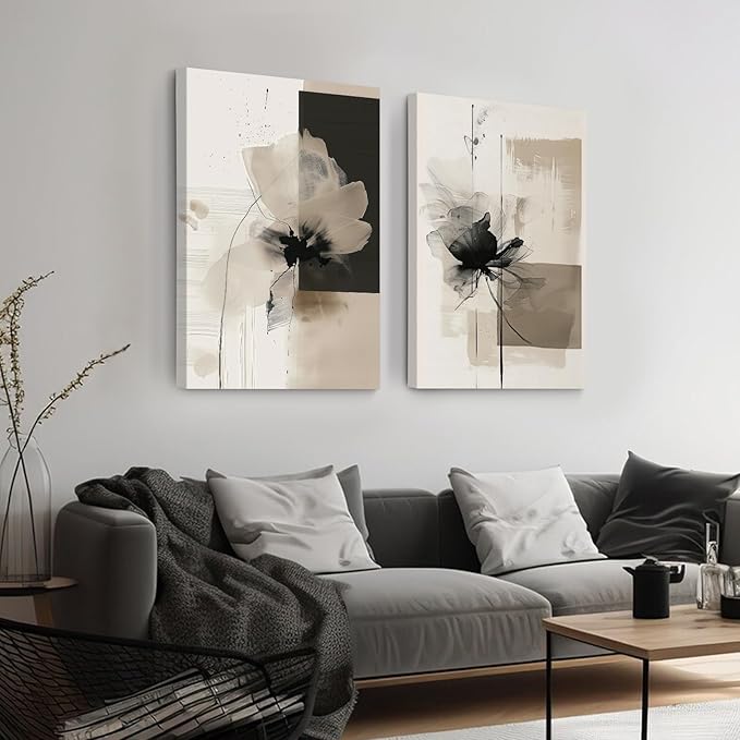 Modern Abstract Floral Wall Art Minimalist Neutral Canvas Painting Decor Beige Cream And Black Wall Art Contemporary Flower Picture Prints for Living Room Bedroom 12x16 Inch Wrapped Canvas Set of 2