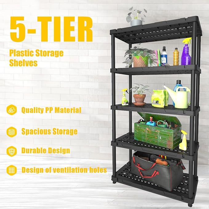 Plastic Storage Shelves, 4/5 Shelving Unit, Heavy Duty Storage Rack, 72.44''H, Plastic Shelf Rack, Adjustable Utility Shelf for Basement, Kitchen, Bathroom, Garage,PP, Waterproof
