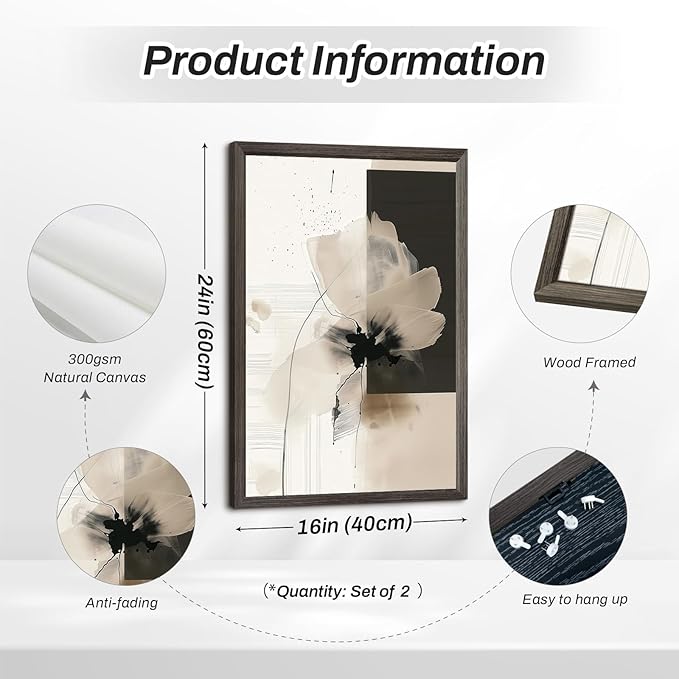 Tocliky Modern Abstract Floral Wall Art Minimalist Neutral Canvas Painting Decor Beige Cream And Black Wall Art Contemporary Flower Picture Prints for Living Room Bedroom 16x24 Inch Framed Set of 2