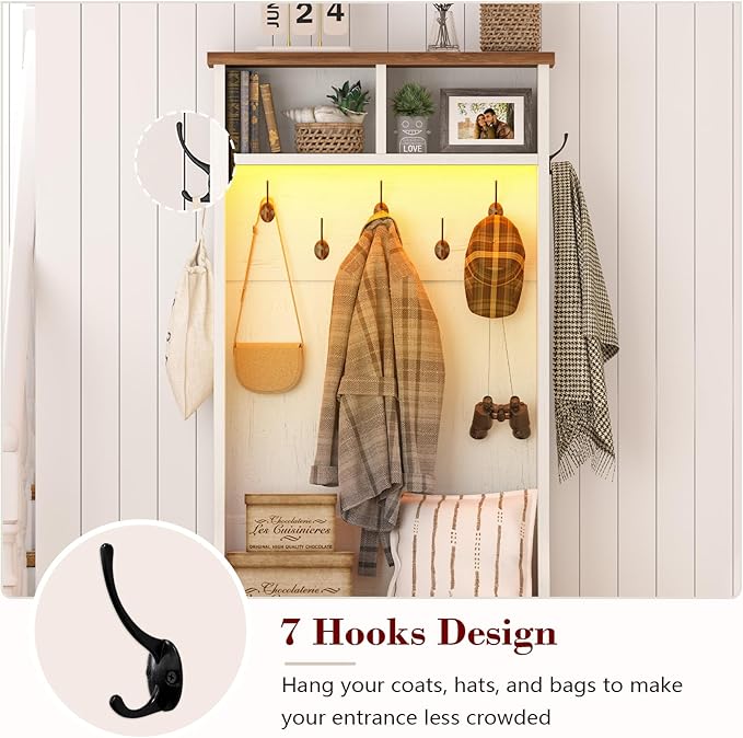 CSZZD Hall Tree with Bench and Shoe Storage, Entryway Bench with Coat Racks and Led Lights, Farmhouse Small Hall Tree with Shoe Cabinet, 7 Coat Hooks, 6 Storage Cubbies, Adjustable Shelf