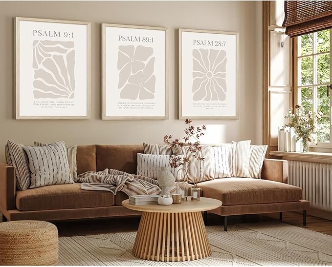 Scripture Christian Wall Art Set of 3 Beige Bible Verses Wall Decor Neutral Psalm Canvas Wall Art Modern Pictures Flower Prints Christian Artwork for Living Room Bedroom 12x16 Inch Framed