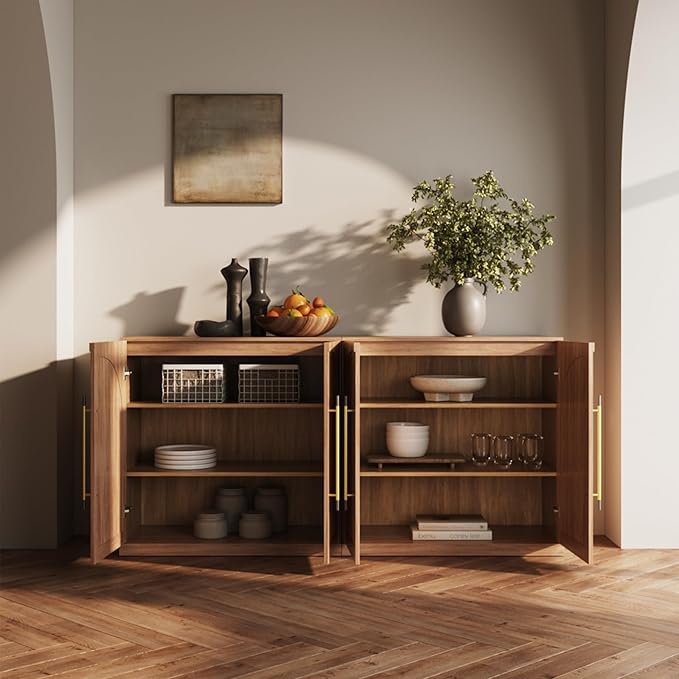 BELLEZE Set of 2 65" Arched Sideboard with Glass Door, Accent Buffet Cabinet with Storage and Adjustable Shelves, Classic Modern Large Console Table for Dining Room Living Room Entryway (Camel)