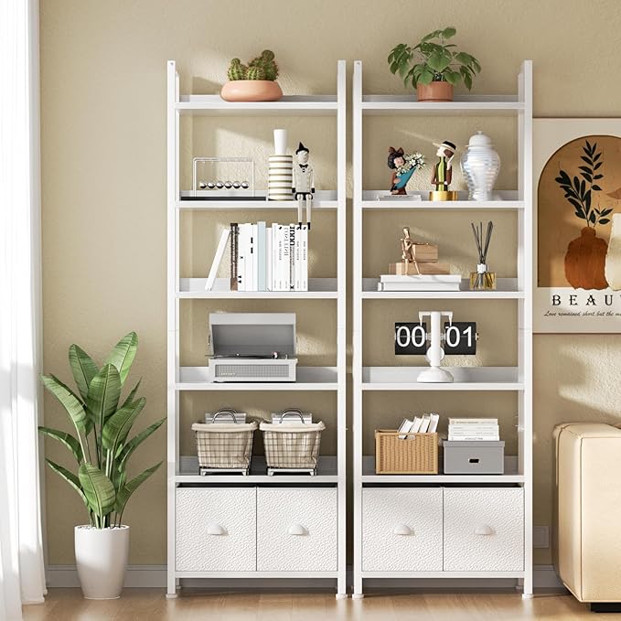 Furologee White 6 Tier Bookshelf with Drawers, Tall 71" Bookcase with Shelves, Modern Wood and Metal Bookshelves Storage Organizer, Display Free Standing Shelf Unit for Bedroom, Living Room, Office