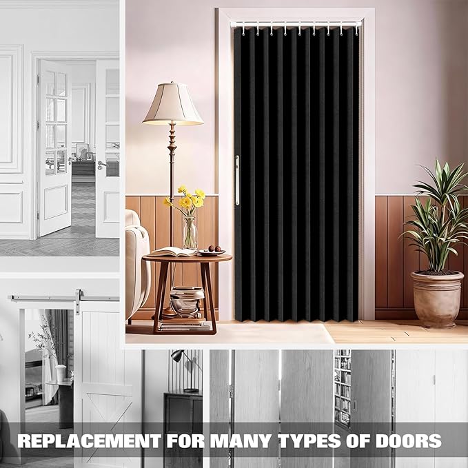 Jilron 100% Blackout Fabric Folding Door Curtain with Magnetic Closure - Accordion Style for Sliding Doors, Closets,Wardrobe and Temporary Door Solutions Doorway Curtains（W42 x L78, Black，1 Panel）