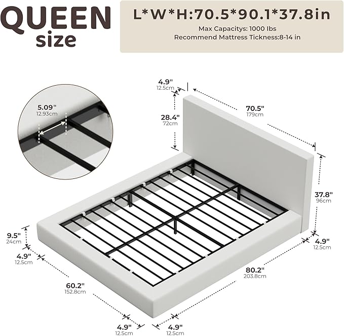 RECCI AirFrame Queen Bed Frame with Headboard, Cloud Upholstered Platform Bed Frame, 5 Inch Foam Cushioned, No Box Spring, Easy Assembly(Snow White)