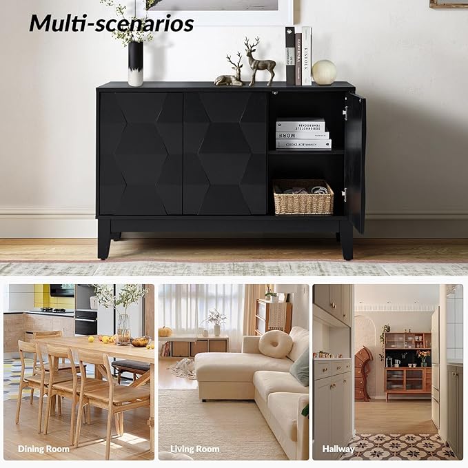 HULALA HOME Modern Kitchen Buffet Cabinet Storage Sideboard with 3D Geometric Design, Freestanding Floor Cabinet with 3 Doors & 2 Adjustable Interior Shelves for Living Room Dining Room Hallway, Black