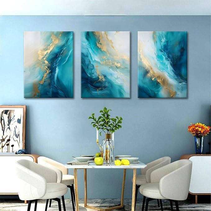 Teal Gold Canvas Wall Art Set of 3 Abstract Aqua Blue Gold Marble Fluid Wall Decor Pictures Neutral Modern Minimalist Posters Prints for Living Room Bedroom Home Decoration 12x16in