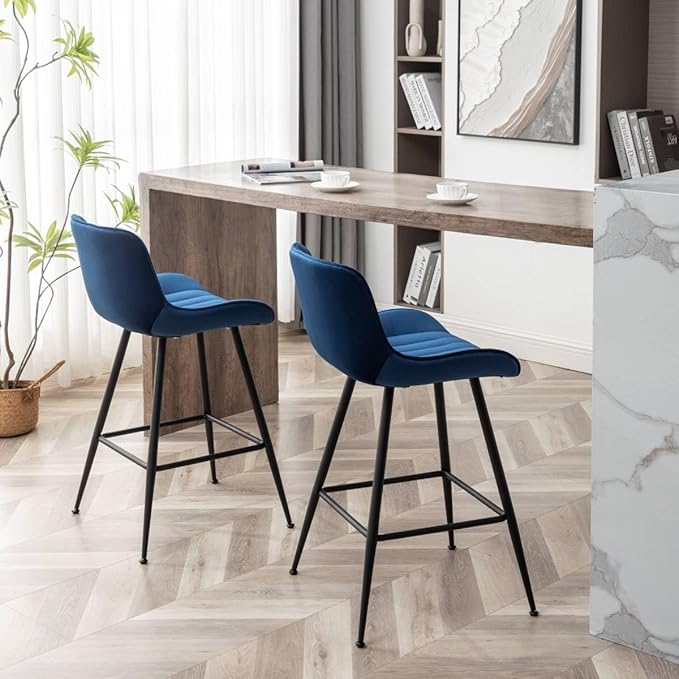 Bar Stools Set of 2 - Luxury Bar Stools Counter Height Barstool 24 Inch Seat Height Upholstered Velvet Barstool Set of 2 Blue Counter Stools for Kitchen Island, Home Counter, Bar Pub (Blue).