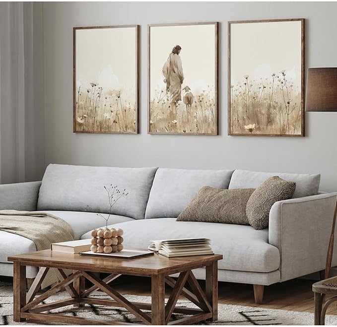Jesus Leaves the 99 Sheep Wall Art Christian Canvas Poster Jesus and Lamb Wall Decor Religious Pictures Lost Sheep Painting God Christ Painting Artwork for Bedroom Living Room 12x16x3 Inch Unframed