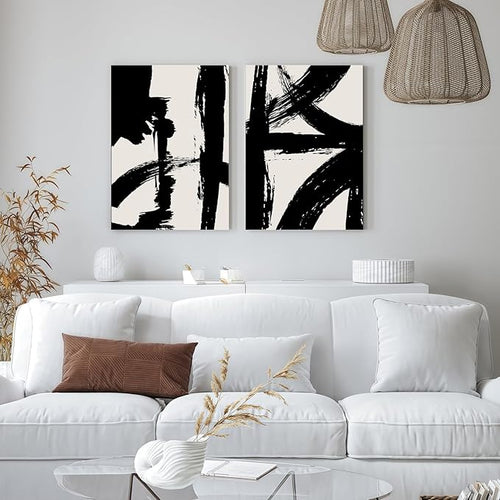 2Pcs Framed Abstract Black and White Canvas Wall Art Minimalist Brushstroke Line Prints Modern Home Gallery Style Painting Posters Picture Bedroom Living Room Office 16x24 Inch Ready to Hang