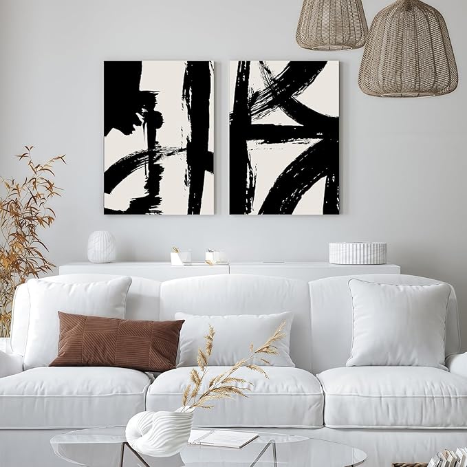 2Pcs Framed Abstract Black and White Canvas Wall Art Minimalist Brushstroke Line Prints Modern Home Gallery Style Painting Posters Picture Bedroom Living Room Office 12x16 Inch Ready to Hang