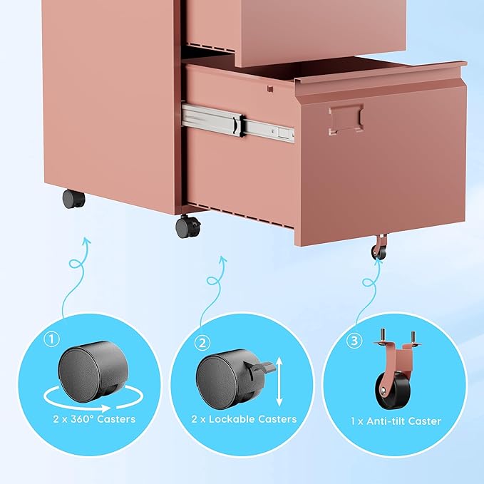 Aobabo 2 Drawer Metal File Cabinet with Lock, Heavy Duty Rolling Filing Cabinet on 5 Wheels, Upgraded Smooth Slides & High Weight Capacity for Home Office Under Desk,Assembly Required
