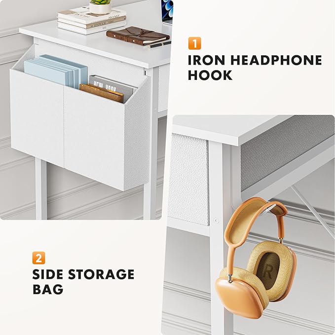 Sweetcrispy Computer Desk Small 32 Inch Home Office Bedroom Writing Study PC Table with Fabric Storage Drawers Space Side Bag Headphone Hook Metal Frame Adjustable Feet Modern Simple Style, White Wood