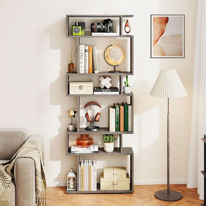 Giantex 6-Tier Geometric Bookshelf, S-Shaped Bookcase with 2 Anti-Tipping Kits, Wooden Display Shelf, Decorative Storage Shelving Unit, Home Storage Organizer for Office Living Room (1,Oak Grey)