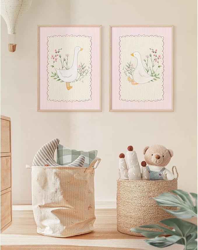 Vintage Nursery Wall Art Silly Goose Canvas Poster Pink Coquette Wall Decor Girls Room Pictures Baby Kids Poster Cute Animal Prints Floral Painting Artwork for Gallery Bedroom 12x16 Inch Unframed