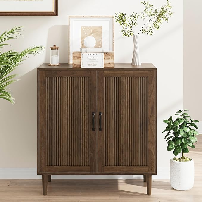 Kiasthome Buffet Cabinet with Wavy Fluted Doors, Sideboard Storage Cabinet with Adjustable Shelves, Modern Wooden Accent Cabinet for Dining Room & Living Space