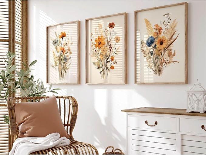 Botanical Floral Wall Art Set of 3 Vintage Wildflower Canvas Wall Decor Watercolor Rustic Farmhouse Wall Art Aesthetic Botanical Pictures Vintage Floral Prints for Room Bedroom 12x16 Inch Unframed