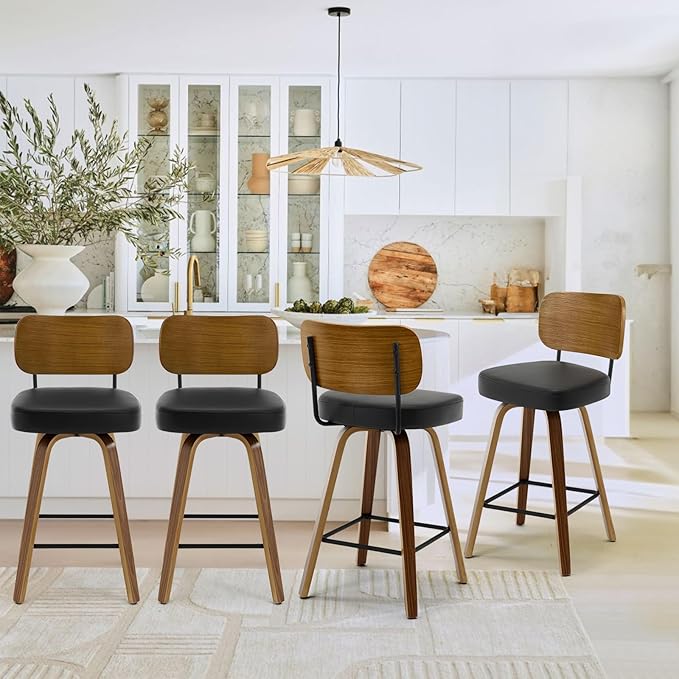 Bekrvio Swivel Counter Height Bar Stools Set of 4, Mid-Century Modern Upholstered Faux Leather Barstools with Wood Back, 26" Seat Height Bar Stools for Kitchen Island, Black Seat and Walnut Frame